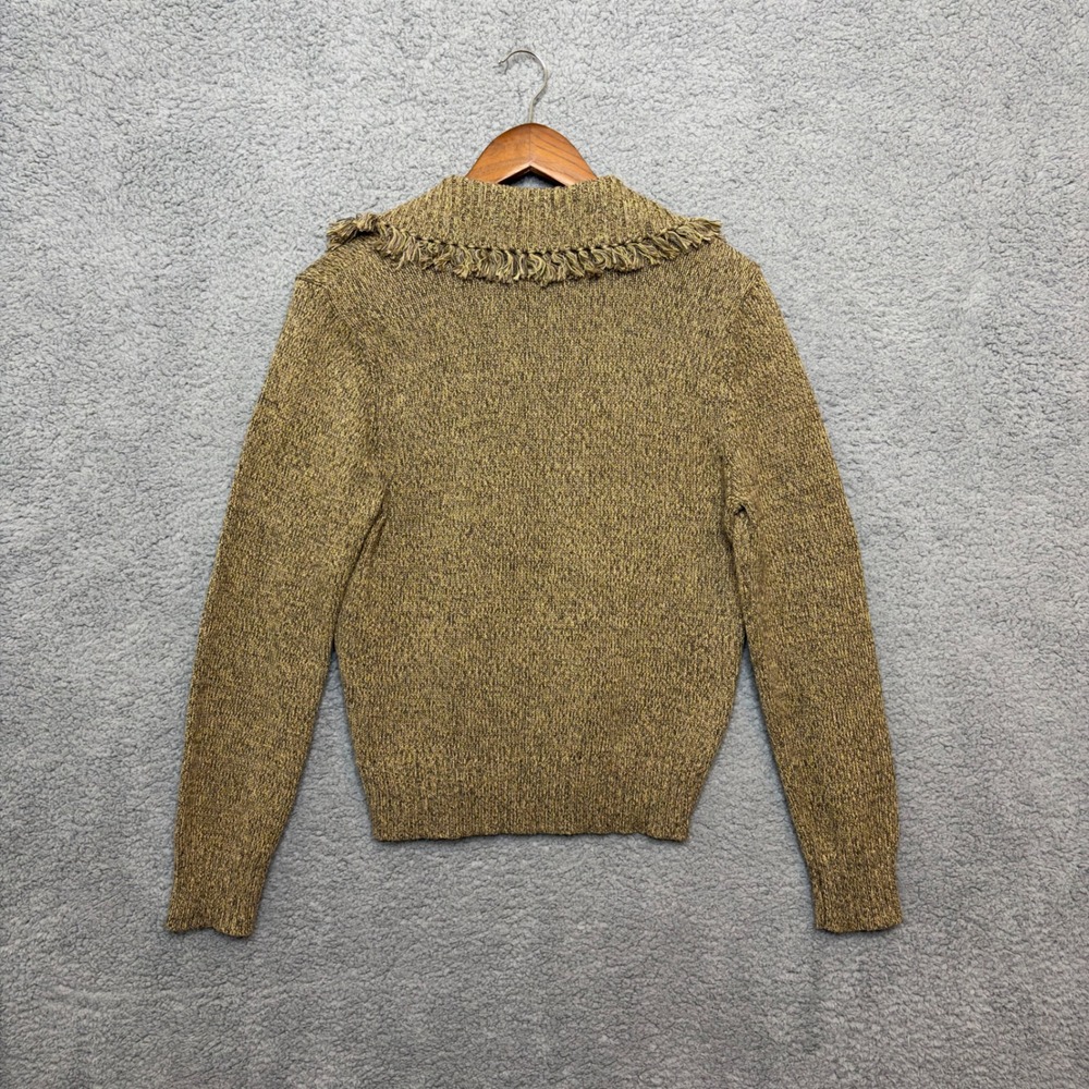 Vtg JEANNE PIERRE V-neck Sweater Women M Knit Cotton Fringe Collar Brown‎ Green - Picture 3 of 4